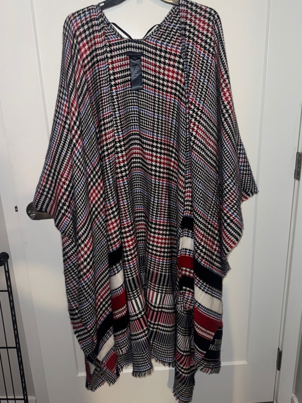 Tommy Hilfiger Houndstooth Poncho - Black, White, Blue & Red